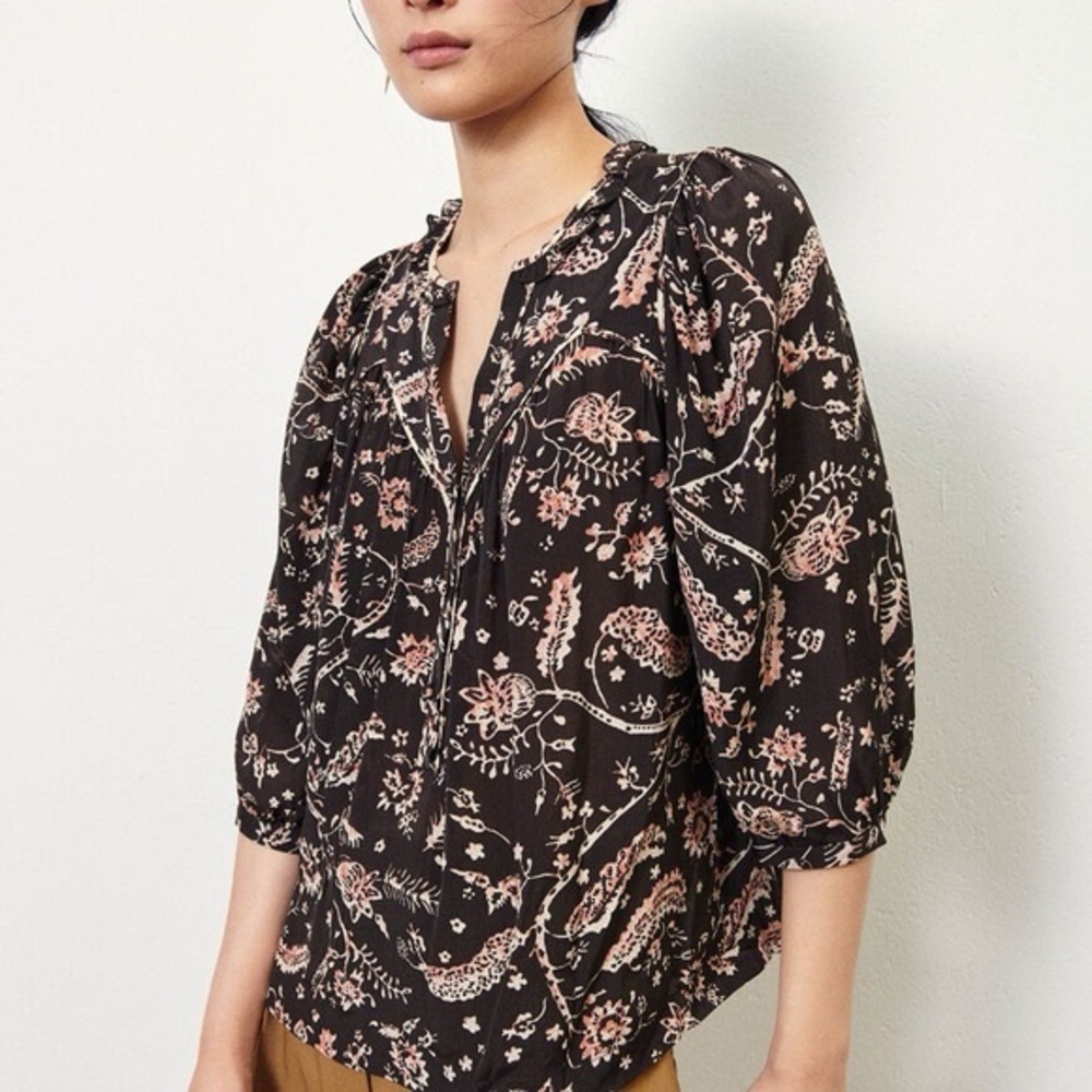 NWOT ba&sh Black and Pink Floral Patterned Button Down Blouse Size M